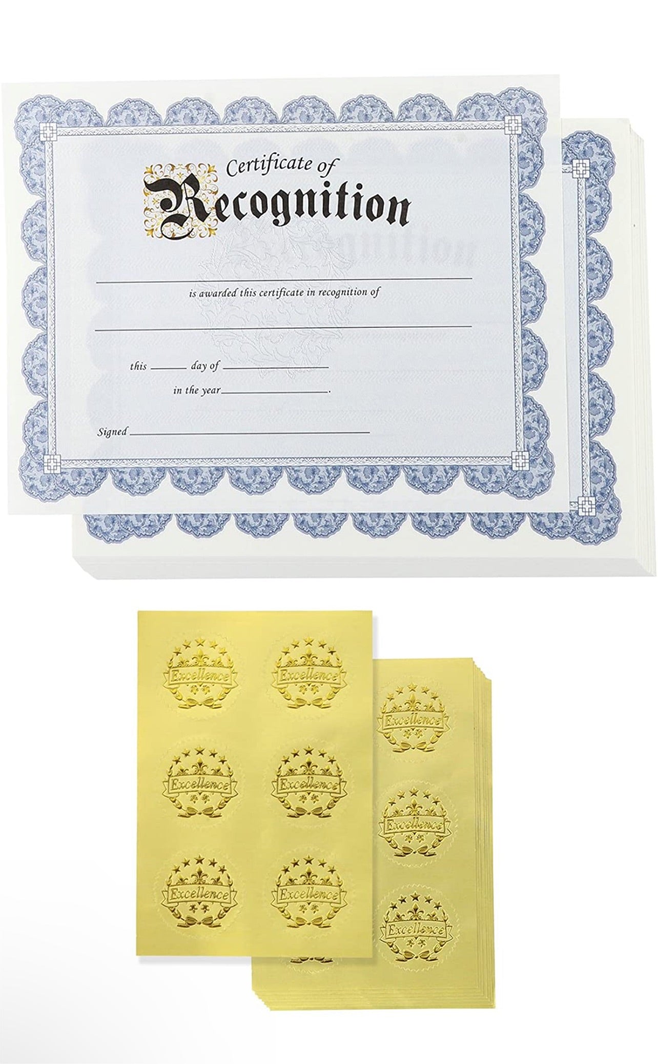 48 Sheets Blue Certificate of Recognition Award Paper with Gold Foil Sticker Seals for Graduation Diploma, Achievements (8.5 x 11 in)