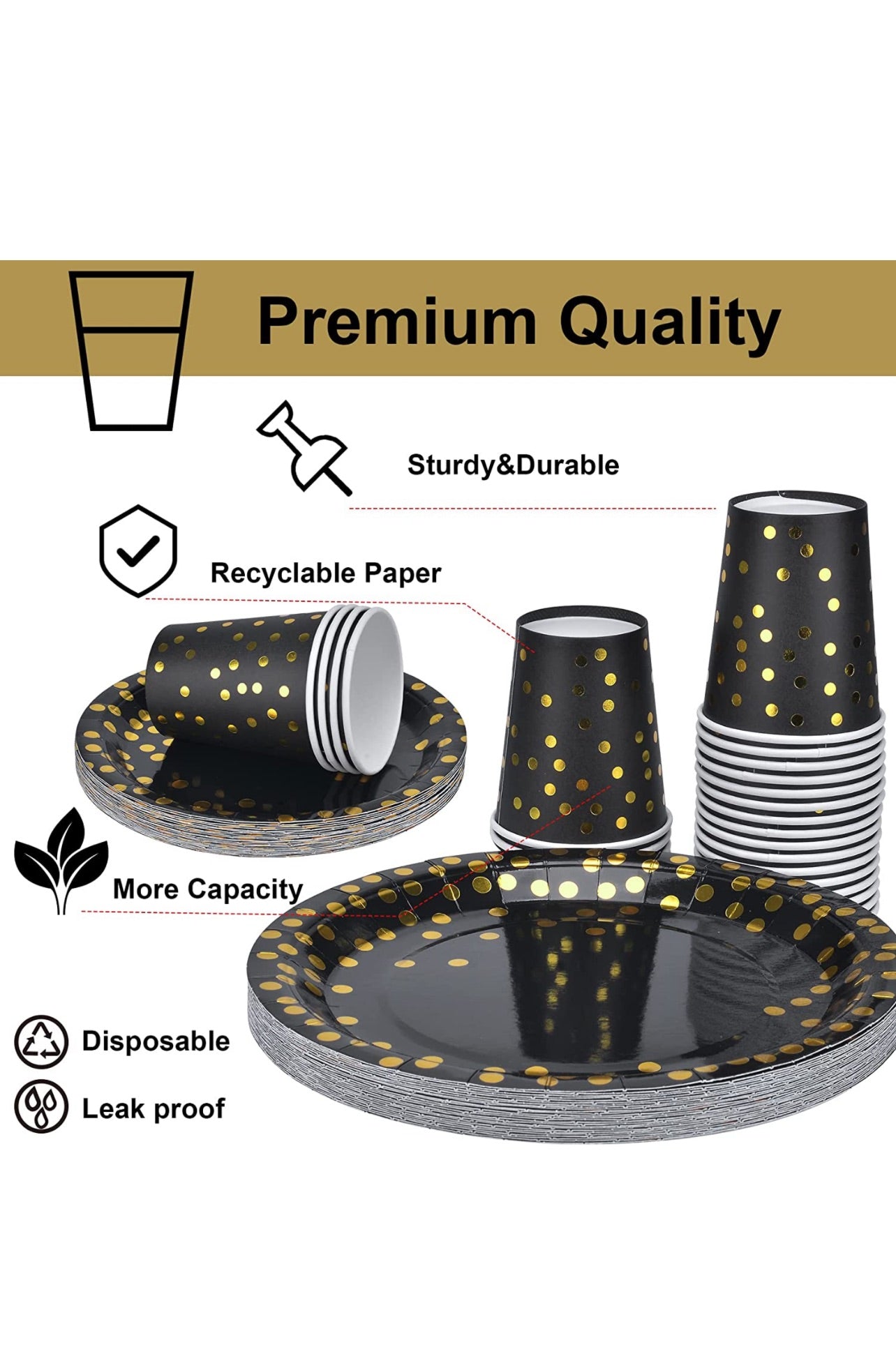 202pcs Eco-Friendly Disposable Black and Gold Paper Plates Cutlery Napkins Cups Tablecloth Banner Supplies Bulk, Non-Plastic Dinnerware Decorations for Party Wedding Birthday Dinner Dessert