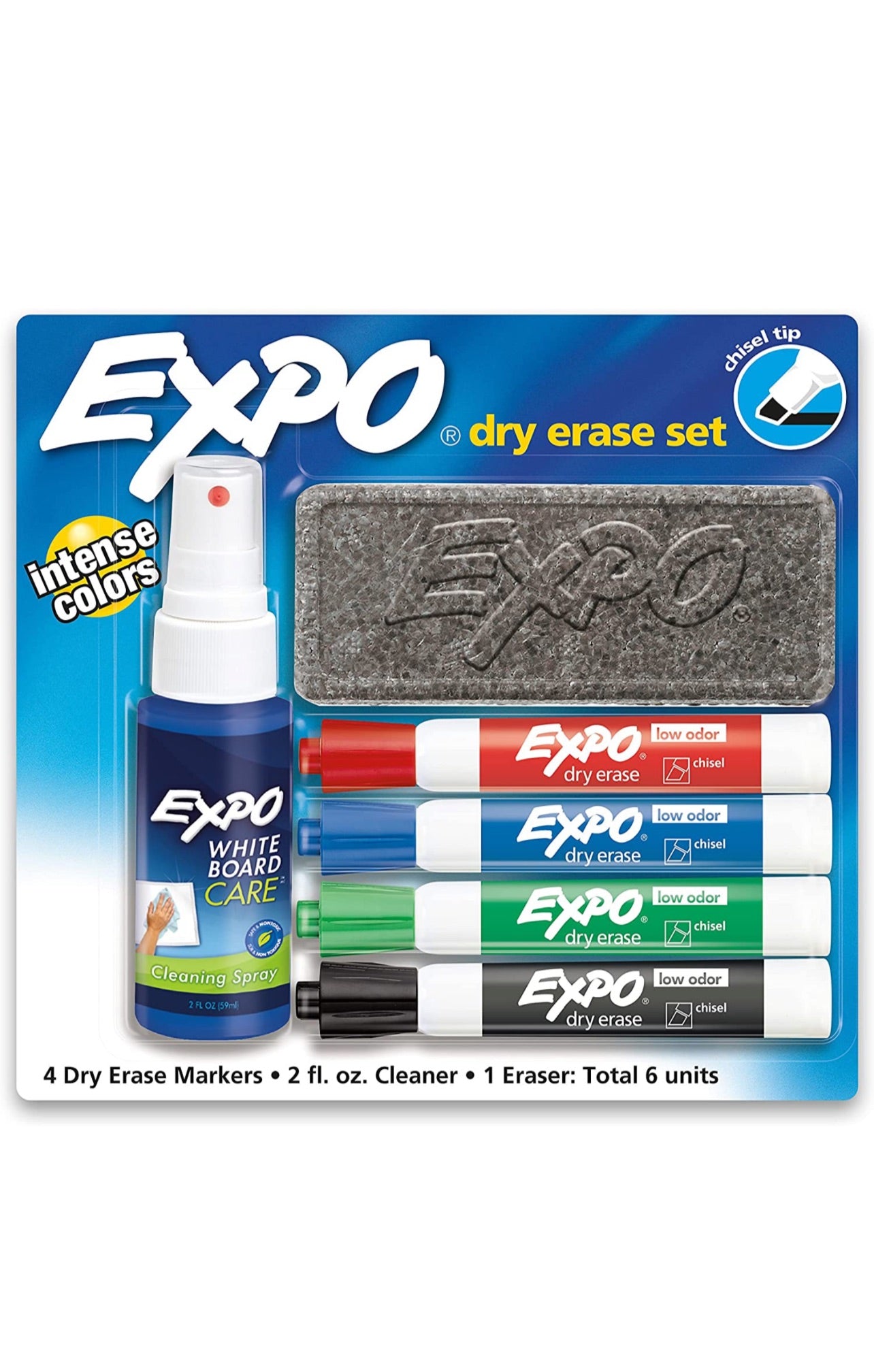 EXPO Low Odor Dry Erase Marker Starter Set, Chisel Tip, Assorted, Whiteboard Eraser, Cleaning Spray, 6 Count