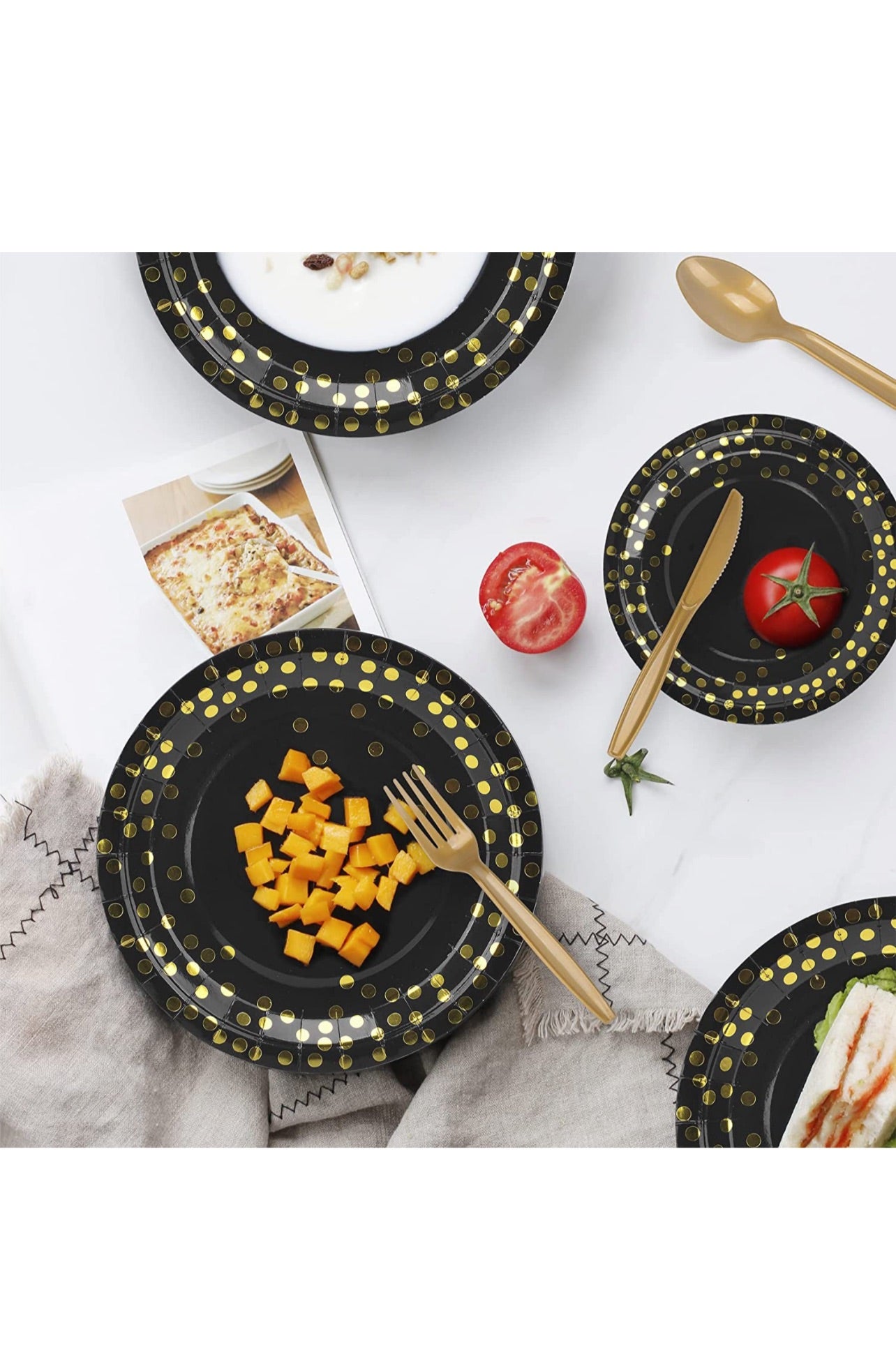 202pcs Eco-Friendly Disposable Black and Gold Paper Plates Cutlery Napkins Cups Tablecloth Banner Supplies Bulk, Non-Plastic Dinnerware Decorations for Party Wedding Birthday Dinner Dessert