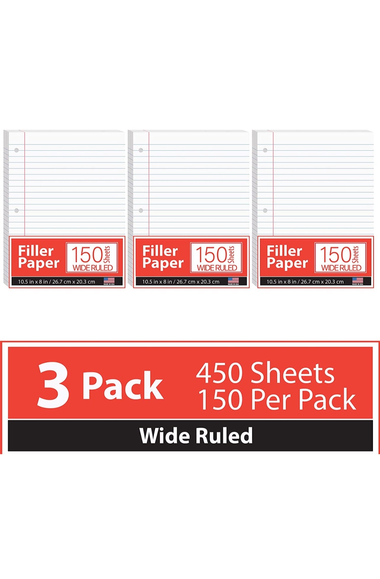 Notebook Paper, Loose Leaf Paper, Wide Ruled Notebook Paper, 10.5” x 8” Filler Paper, 56 gsm, 450 Sheets,150 Per Pack (3 Pack)
