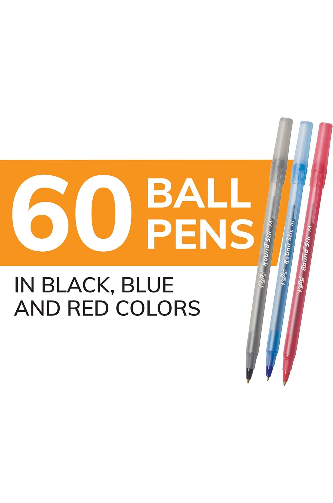BIC Round Stic Xtra Life Assorted Ink Ballpoint Pens, Medium Point (1.0mm), 60-Count Pack of Bulk Pens, Flexible Round Barrel