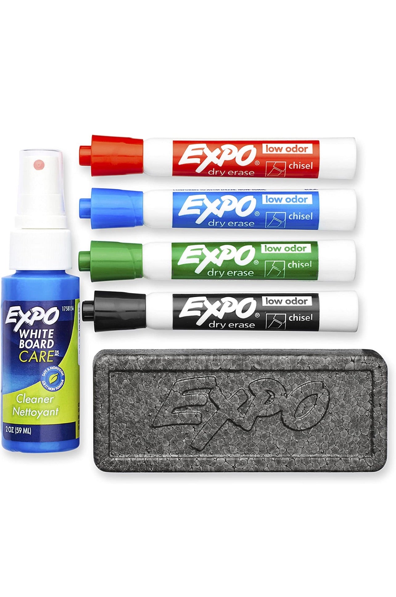 EXPO Low Odor Dry Erase Marker Starter Set, Chisel Tip, Assorted, Whiteboard Eraser, Cleaning Spray, 6 Count