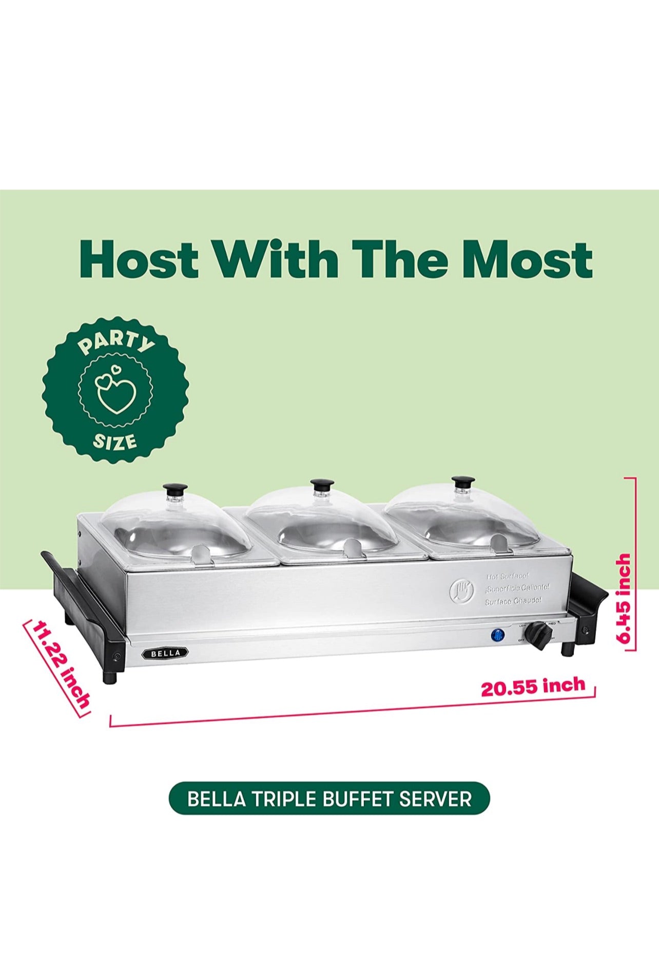 3 x 1.5 QT Triple buffet server, slow cooker and food warmer, Brushed Stainless Steel