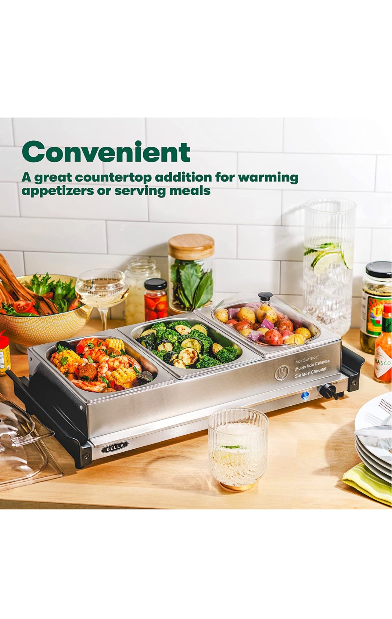 3 x 1.5 QT Triple buffet server, slow cooker and food warmer, Brushed Stainless Steel