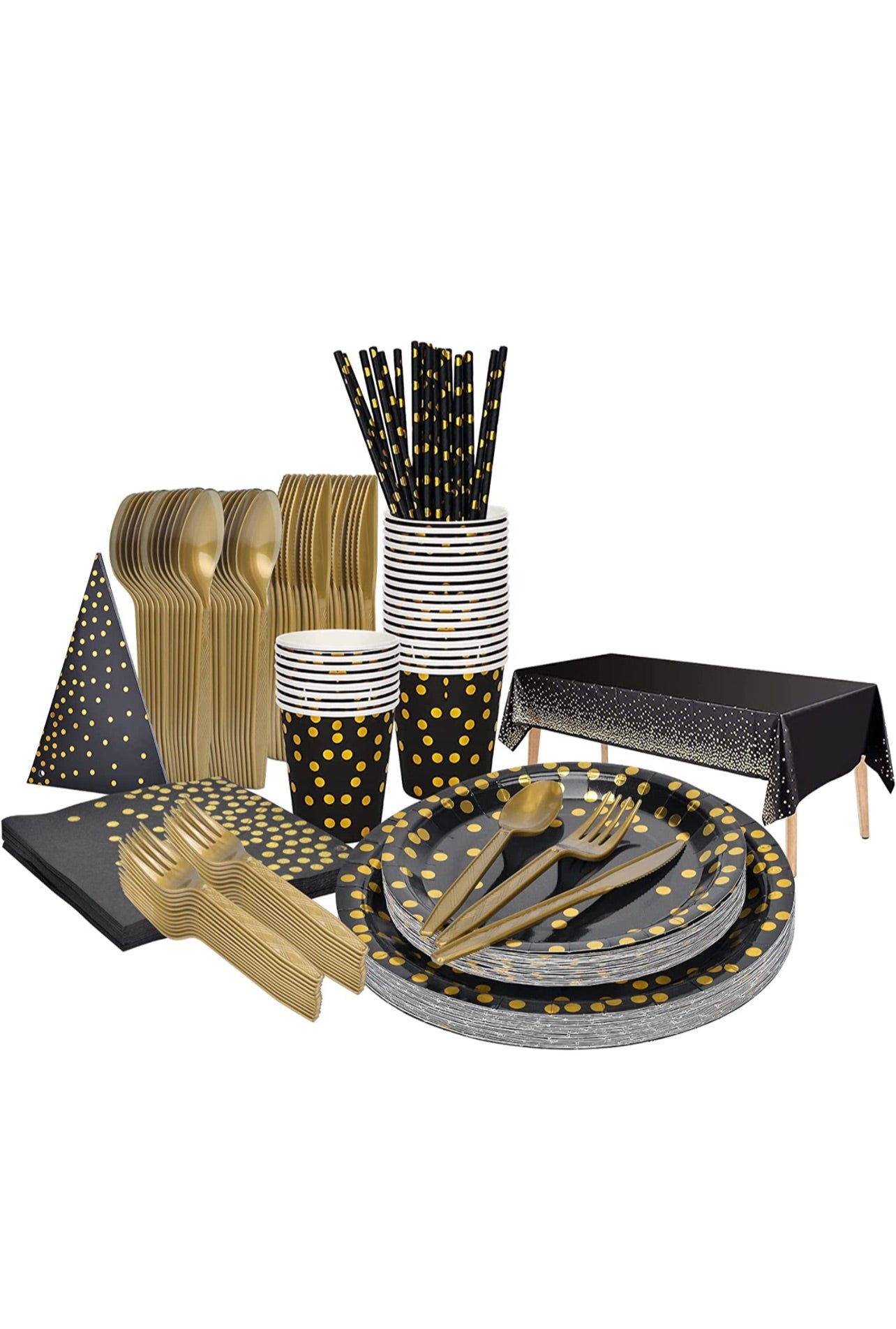 202pcs Eco-Friendly Disposable Black and Gold Paper Plates Cutlery Napkins Cups Tablecloth Banner Supplies Bulk, Non-Plastic Dinnerware Decorations for Party Wedding Birthday Dinner Dessert