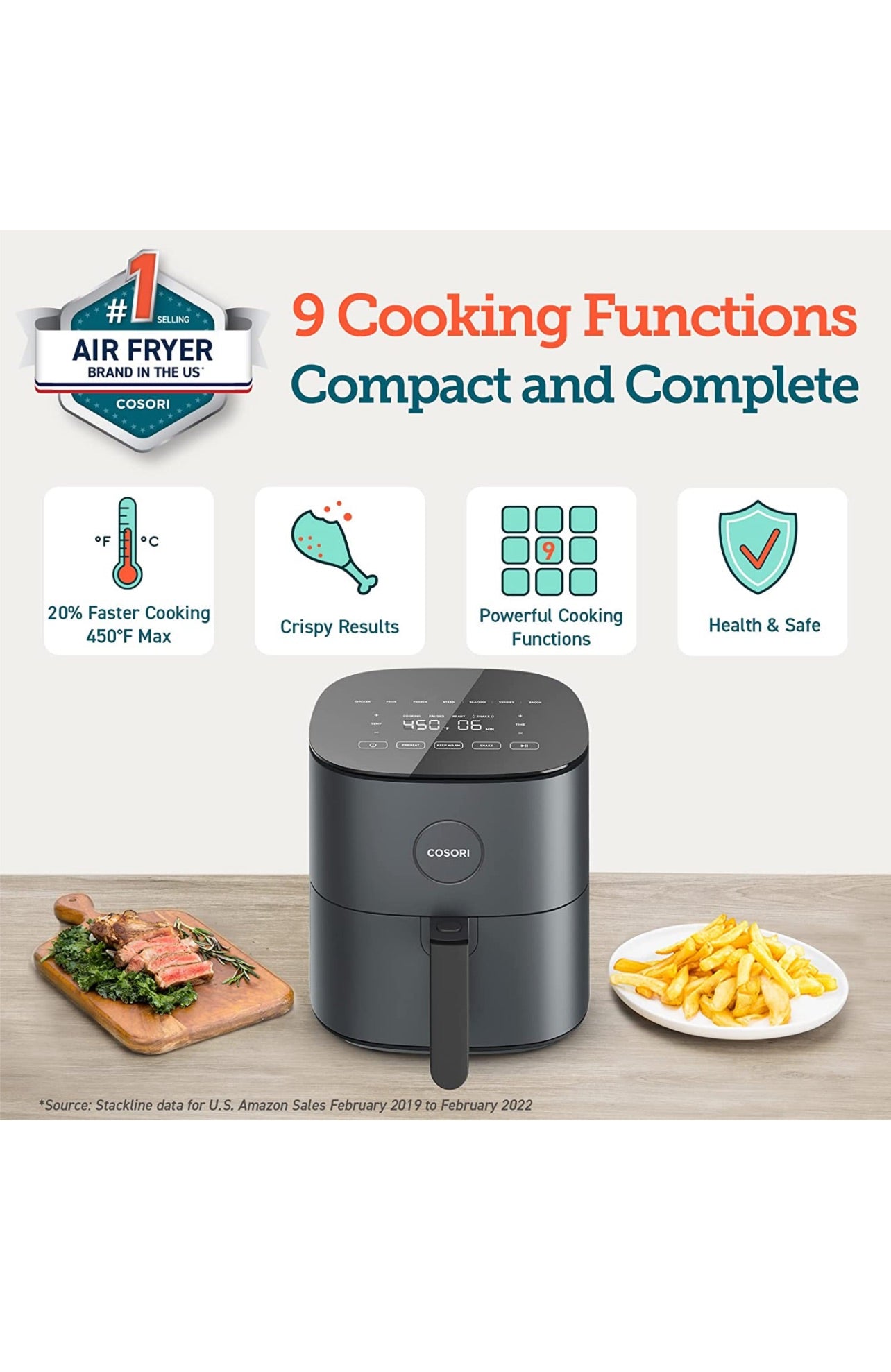 COSORI Air Fryer, 5 QT, 9-in-1 Airfryer Compact Oilless Small Oven, Dishwasher-Safe, 450℉ freidora de aire, 30 Exclusive Recipes, Tempered Glass Display, Nonstick Basket