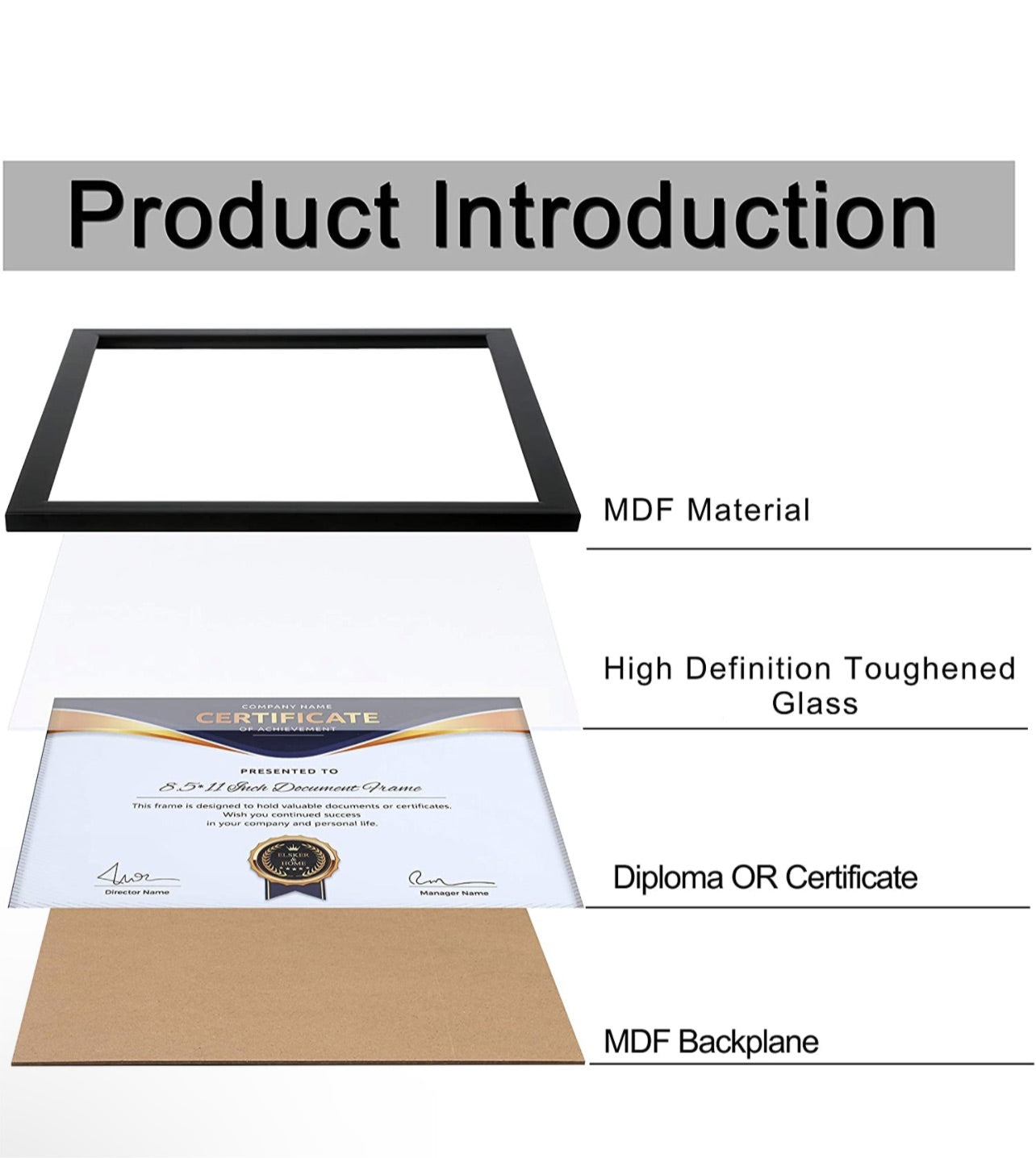 8.5x11 Picture Frame - Certificate Document Frame 6 Pack with Semi-Tempered Glass - Black Sturdy Wood Composite Award Diploma Frame - Includes Hanging Hardware and Desktop Easel