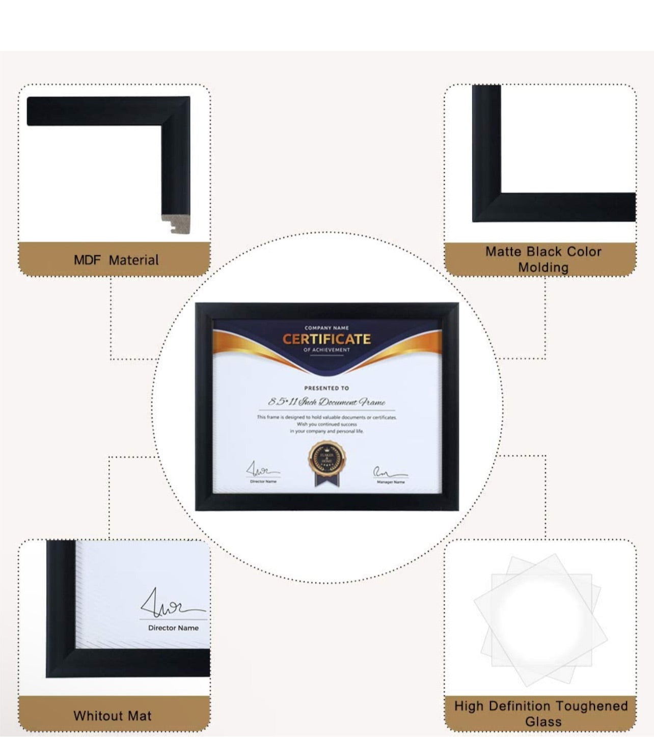 8.5x11 Picture Frame - Certificate Document Frame 6 Pack with Semi-Tempered Glass - Black Sturdy Wood Composite Award Diploma Frame - Includes Hanging Hardware and Desktop Easel