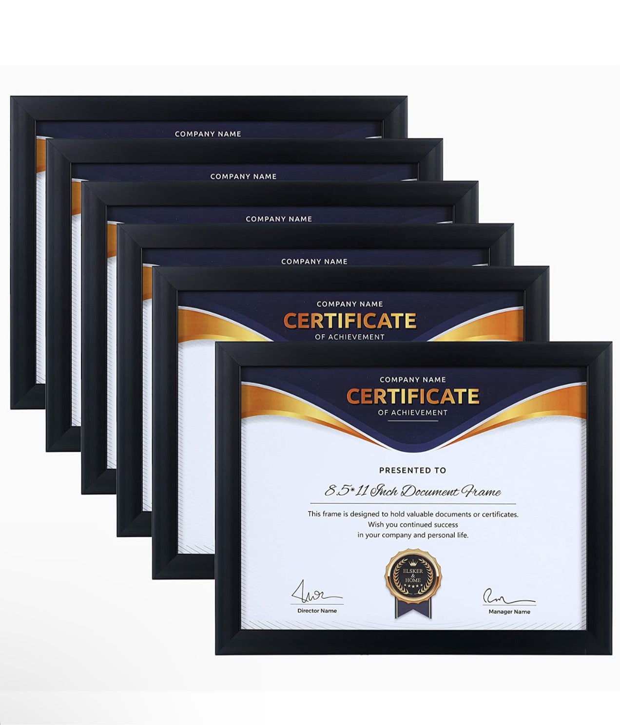 8.5x11 Picture Frame - Certificate Document Frame 6 Pack with Semi-Tempered Glass - Black Sturdy Wood Composite Award Diploma Frame - Includes Hanging Hardware and Desktop Easel