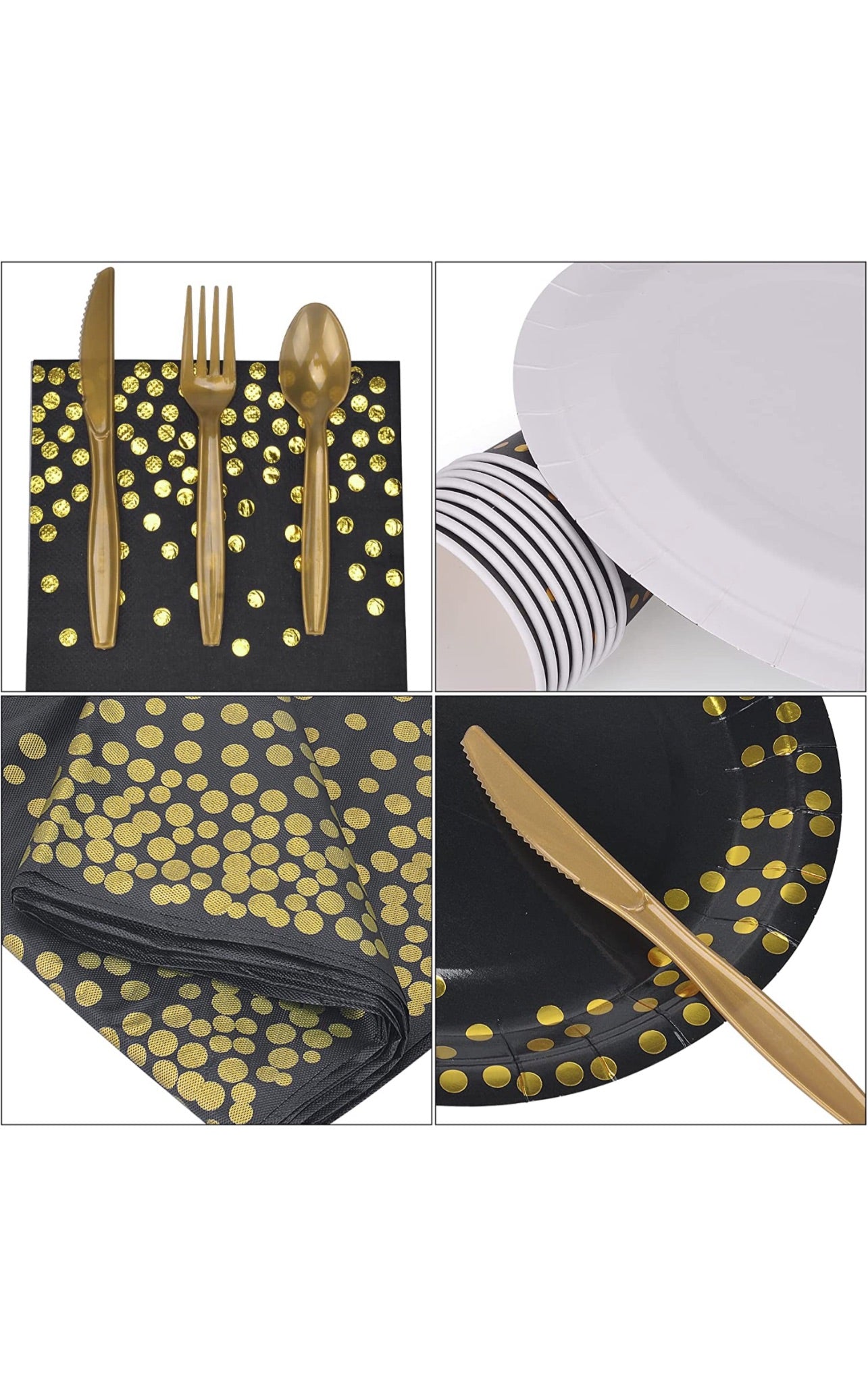 202pcs Eco-Friendly Disposable Black and Gold Paper Plates Cutlery Napkins Cups Tablecloth Banner Supplies Bulk, Non-Plastic Dinnerware Decorations for Party Wedding Birthday Dinner Dessert