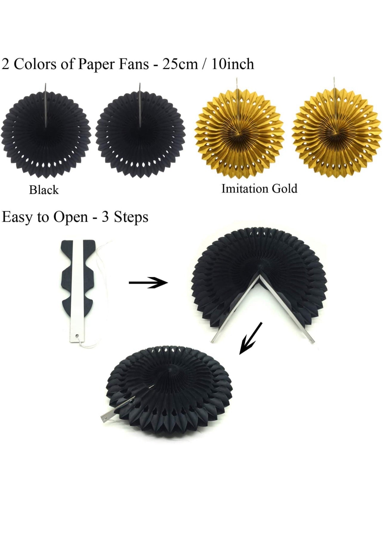 Party Decoration, 21 Pcs Black and Gold Hanging Paper Fans, Pom Poms Flowers, Garlands String Polka Dot and Triangle Bunting Flags for Birthday Parties Wedding Décor, Table & Wall Decorations