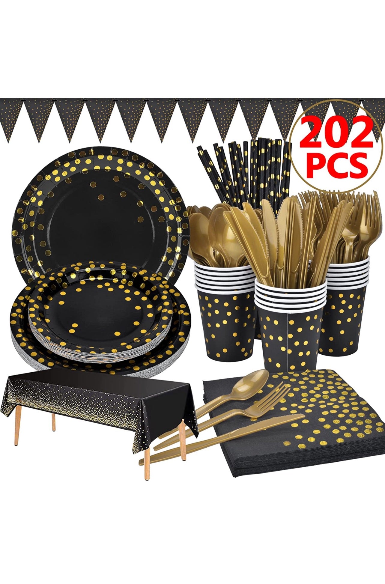 202pcs Eco-Friendly Disposable Black and Gold Paper Plates Cutlery Napkins Cups Tablecloth Banner Supplies Bulk, Non-Plastic Dinnerware Decorations for Party Wedding Birthday Dinner Dessert