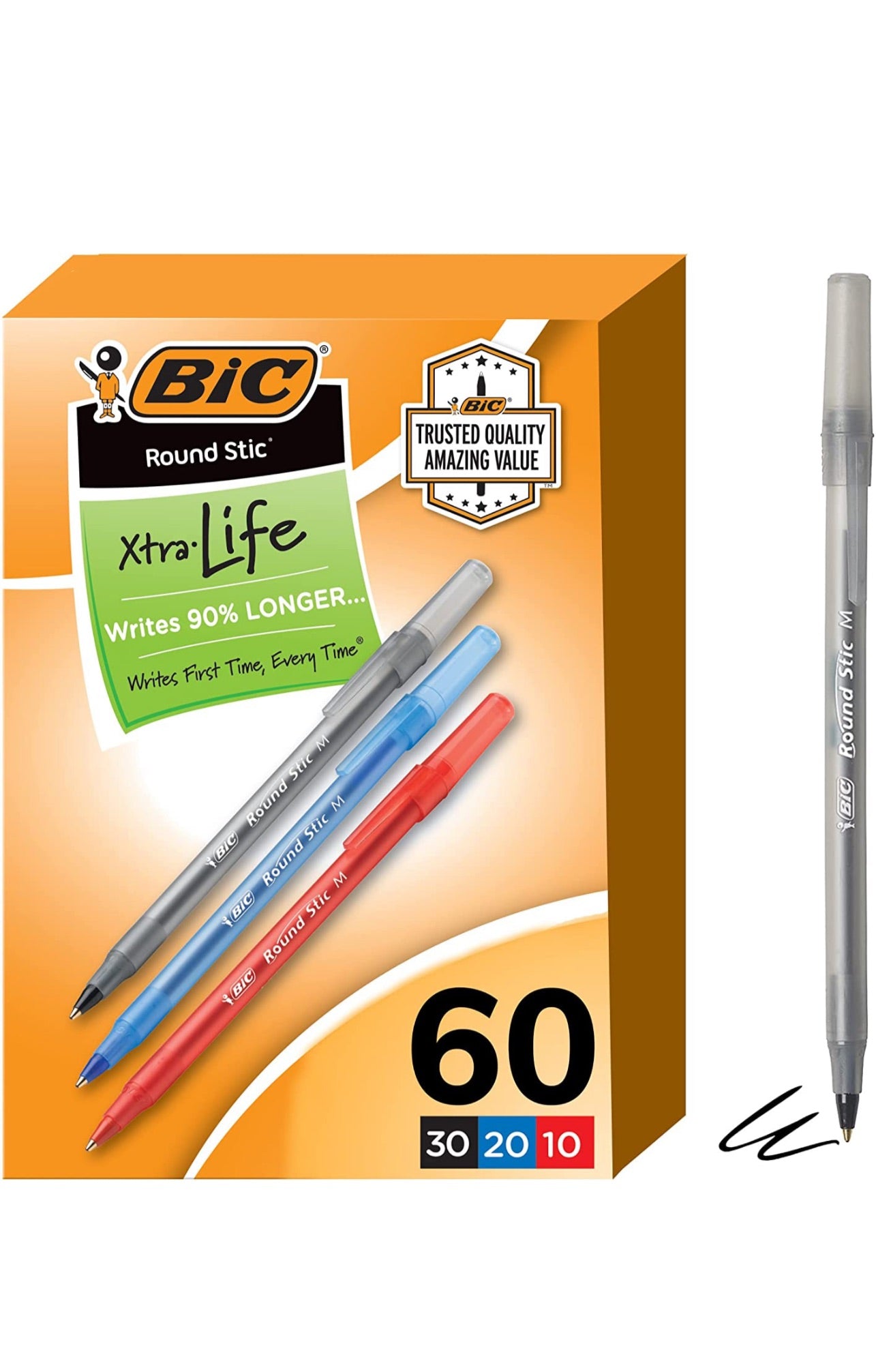 BIC Round Stic Xtra Life Assorted Ink Ballpoint Pens, Medium Point (1.0mm), 60-Count Pack of Bulk Pens, Flexible Round Barrel