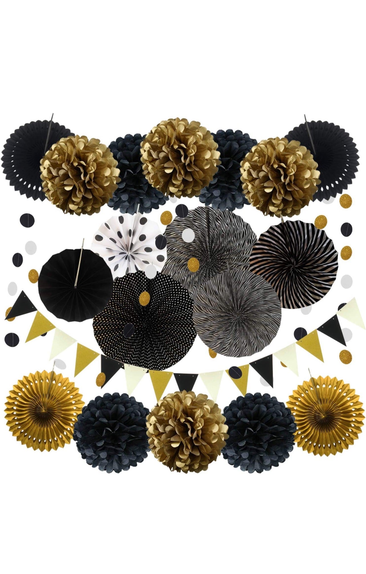 Party Decoration, 21 Pcs Black and Gold Hanging Paper Fans, Pom Poms Flowers, Garlands String Polka Dot and Triangle Bunting Flags for Birthday Parties Wedding Décor, Table & Wall Decorations