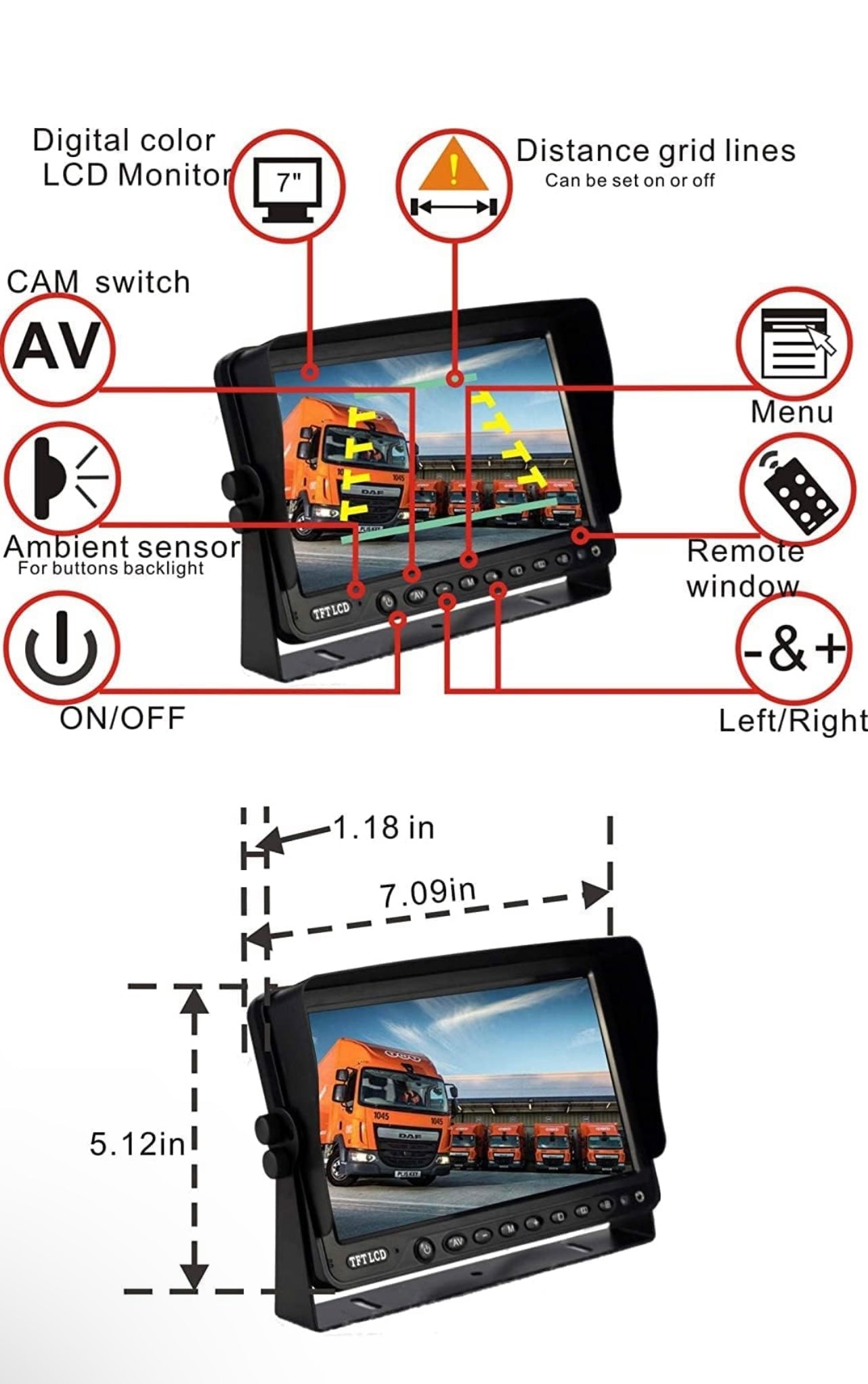 720P 7" Reverse Rear View Backup Camera System, Camera with Night Vision Waterproof IP69K