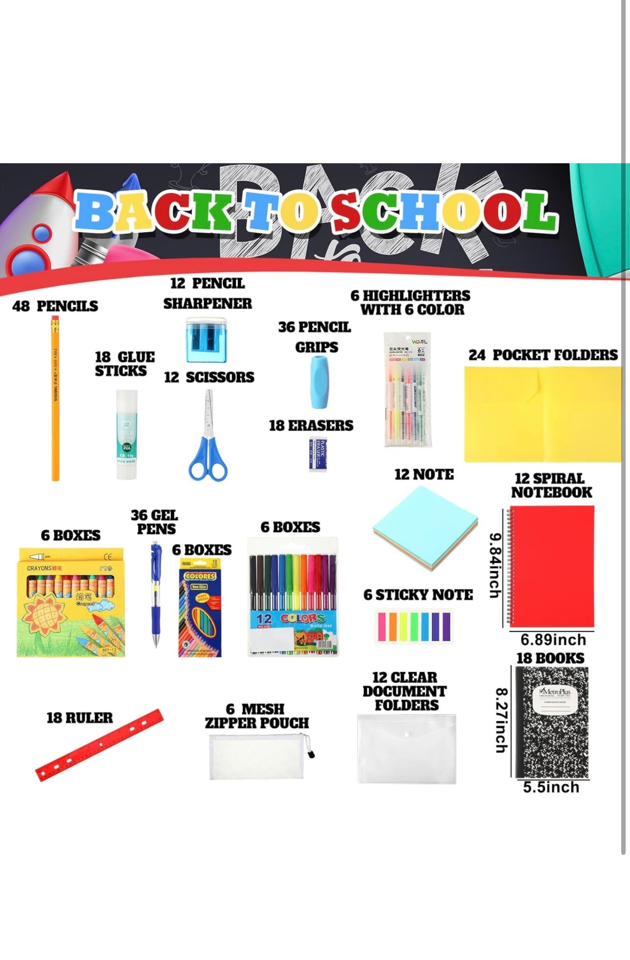 6 Set School Supply Kit 88 Pcs Back to School Supplies for Students School Essential Supplies Bundle Kit