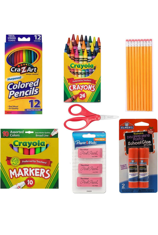 School Supply Pack- Markers, Colored Pencils, Lead Pencils, Crayons, Scissors, 2 Glue Sticks, 3 Erasers