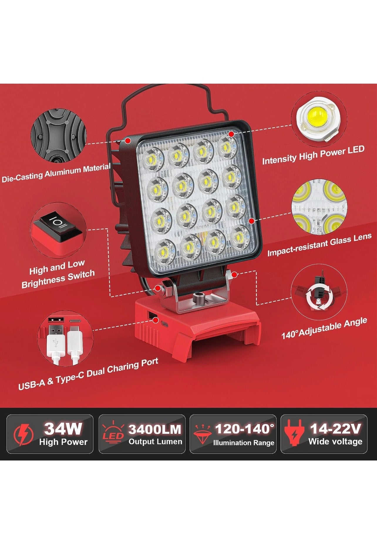 LED Work Light for Milwaukee 18v Battery, 34W 3400Lumens Battery Powered LED Flood Light