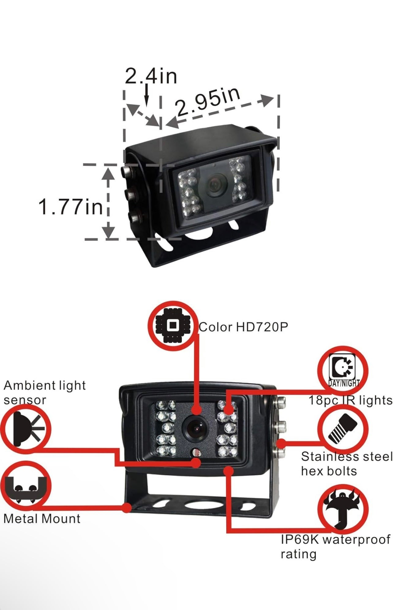 720P 7" Reverse Rear View Backup Camera System, Camera with Night Vision Waterproof IP69K