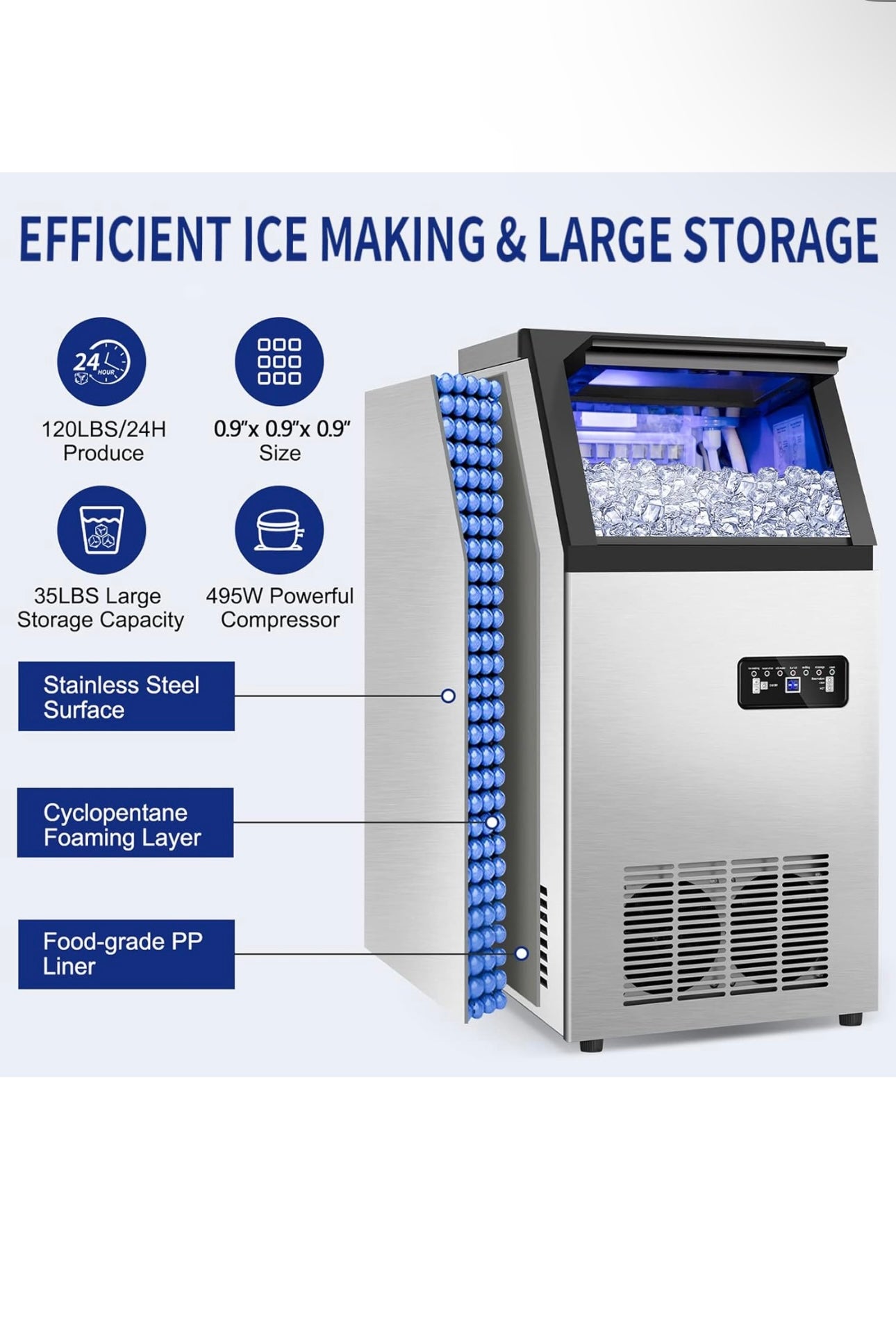 Commercial Ice Maker Machine 120Lbs/24H with 35Lbs Ice Capacity