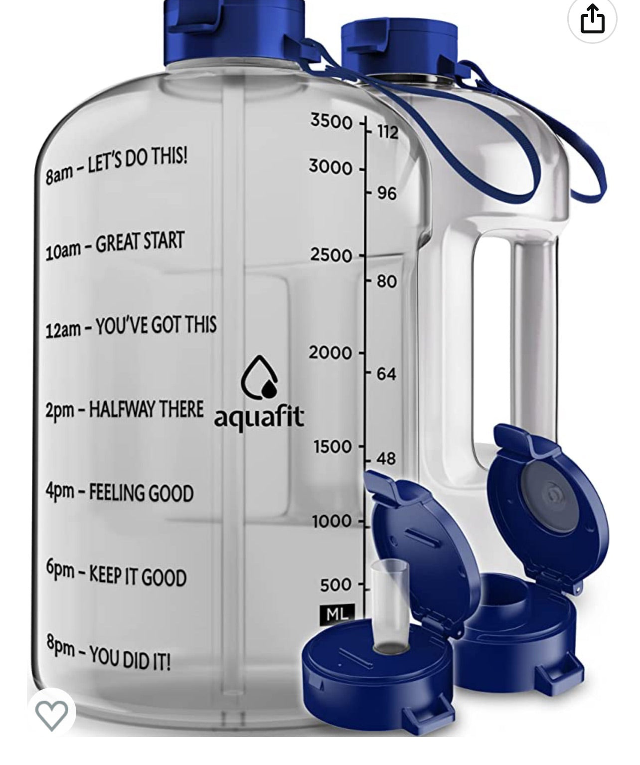 AQUAFIT 1 Gallon Water Bottle With Times To Drink - 128 oz Water Bottle With Straw - Motivational Water Bottle - Large Water Bottle - Sports Water Bottle With Time Marker 1 Gallon