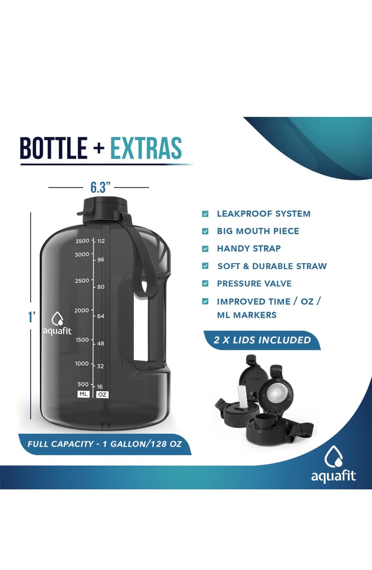 AQUAFIT 1 Gallon Water Bottle With Times To Drink - 128 oz Water Bottle With Straw - Motivational Water Bottle - Large Water Bottle - Sports Water Bottle With Time Marker 1 Gallon