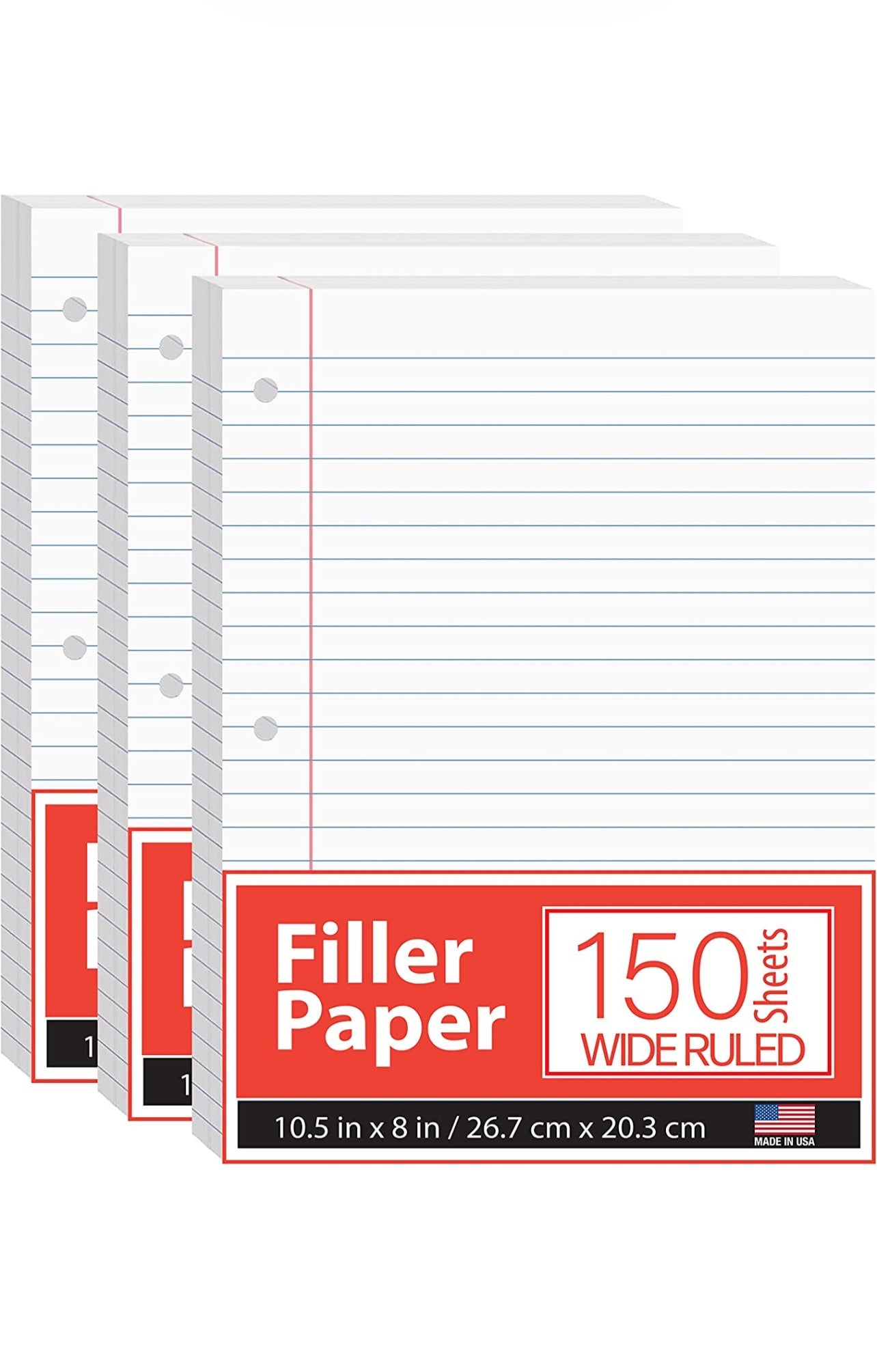 Notebook Paper, Loose Leaf Paper, Wide Ruled Notebook Paper, 10.5” x 8” Filler Paper, 56 gsm, 450 Sheets,150 Per Pack (3 Pack)