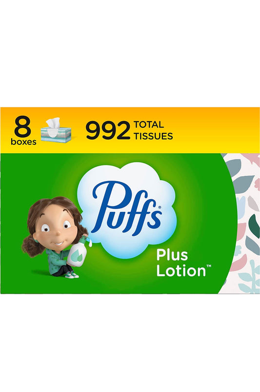 Puffs Plus Lotion Facial Tissues, 8 Family Boxes, 124 Facial Tissues per Box