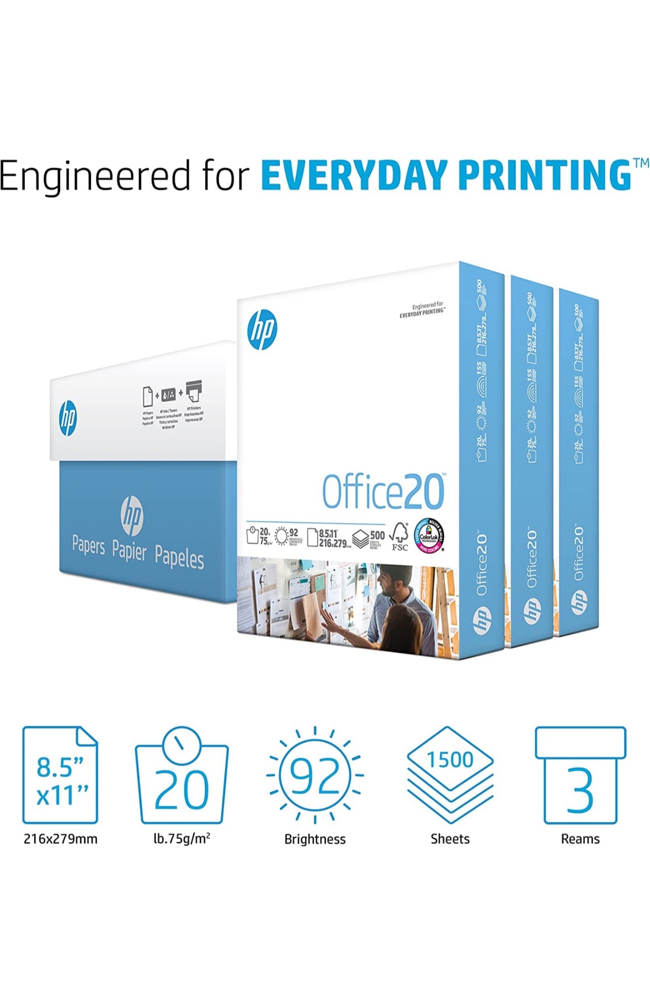 HP Printer Paper | 8.5 x 11 Paper | Office 20 lb | 3 Ream Case - 1500 Sheets | 92 Bright | Made in USA - FSC Certified