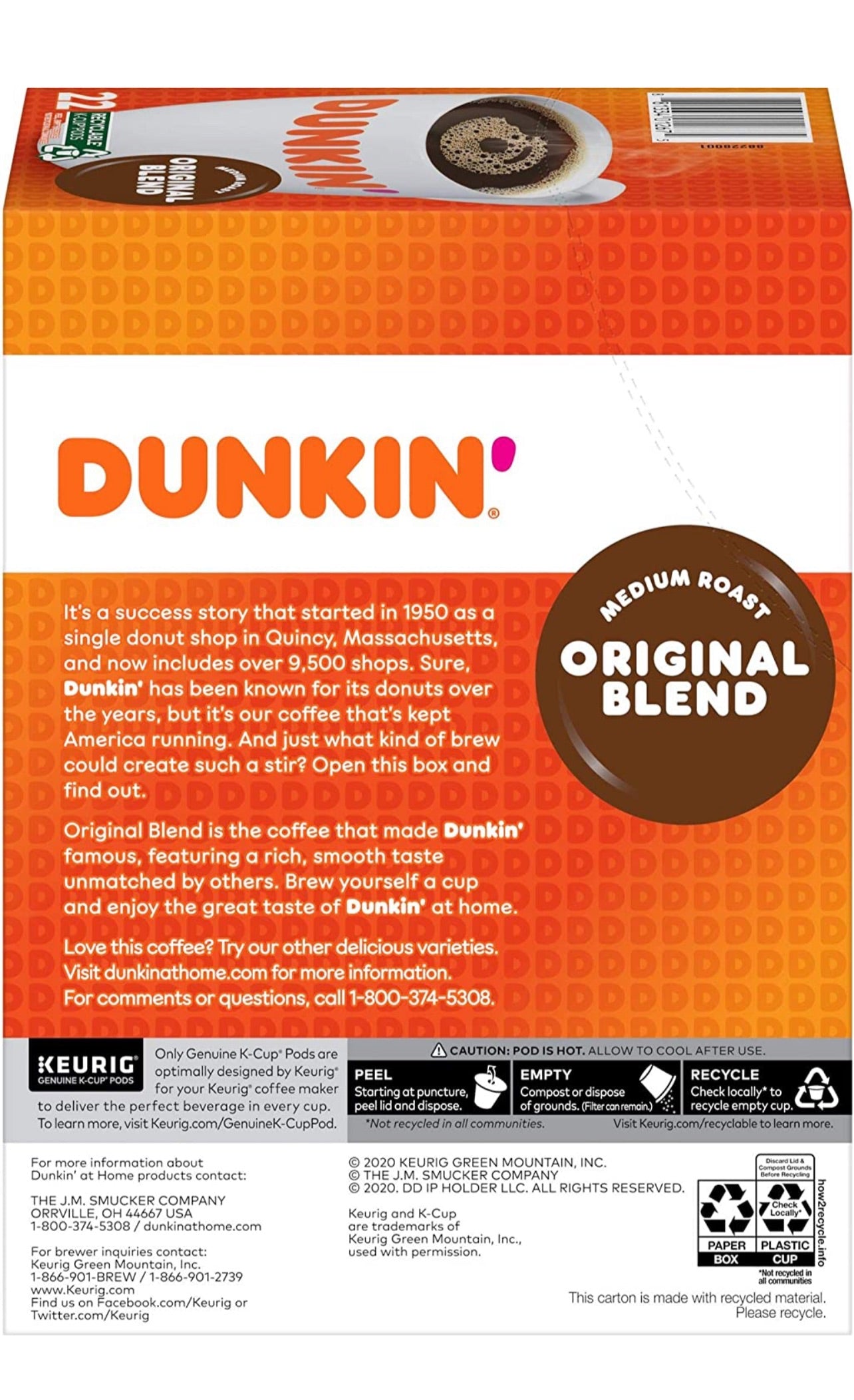 Dunkin’ Original Blend Medium Roast Coffee, Keurig K-Cup Pods - 22 Count (Pack of 4)